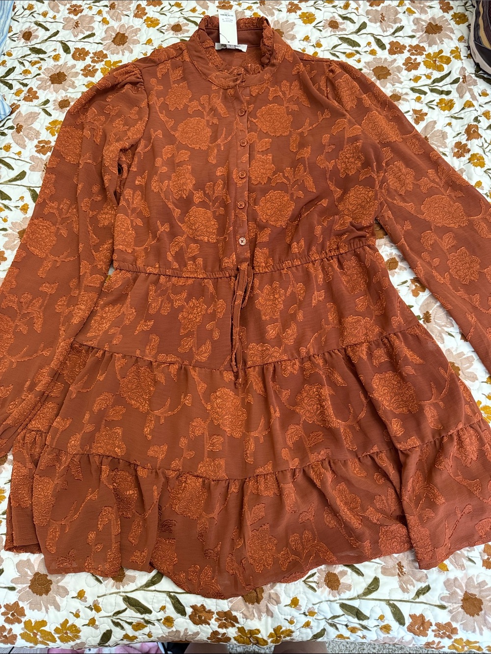 Francesca's Collections Rust Floral Tiered Long-Sleeve Dress